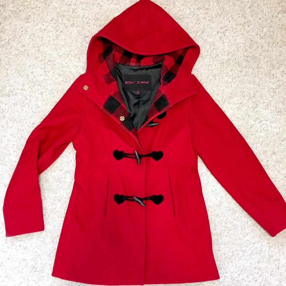 Betsey Johnson Hooded Red Wool Winter Peacoat 6